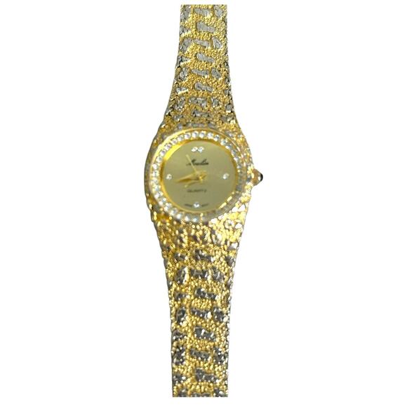 Vintage Moulin Quartz Watch Women Gold Tone Nugget Style Band Clear Stone Bezel - Picture 2 of 4